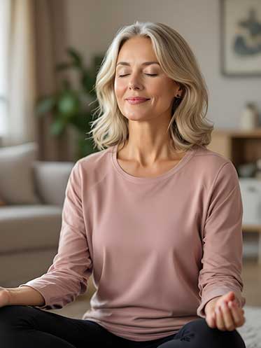 Woman meditating with soft light, representing cellular healing and longevity through mindfulness.